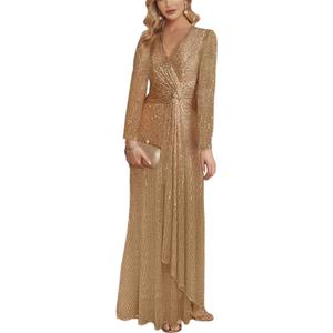 Women's Sexy Sequin Dress Sparkly Glitter V Neck Long Sleeves Bodycon Dress Club Cocktail Party Dress, XL