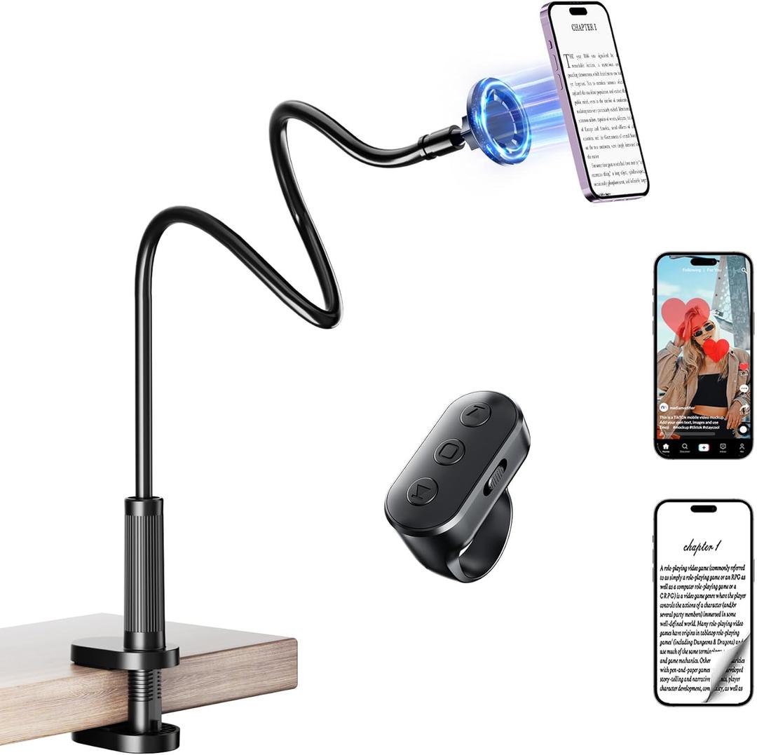 Phone Holder with Page Turner Remote Gooseneck Phone Stand with Clicker for Reading, Flexible Mount with Wireless Scrolling Ring for iPhone/Tiktok/Short Video