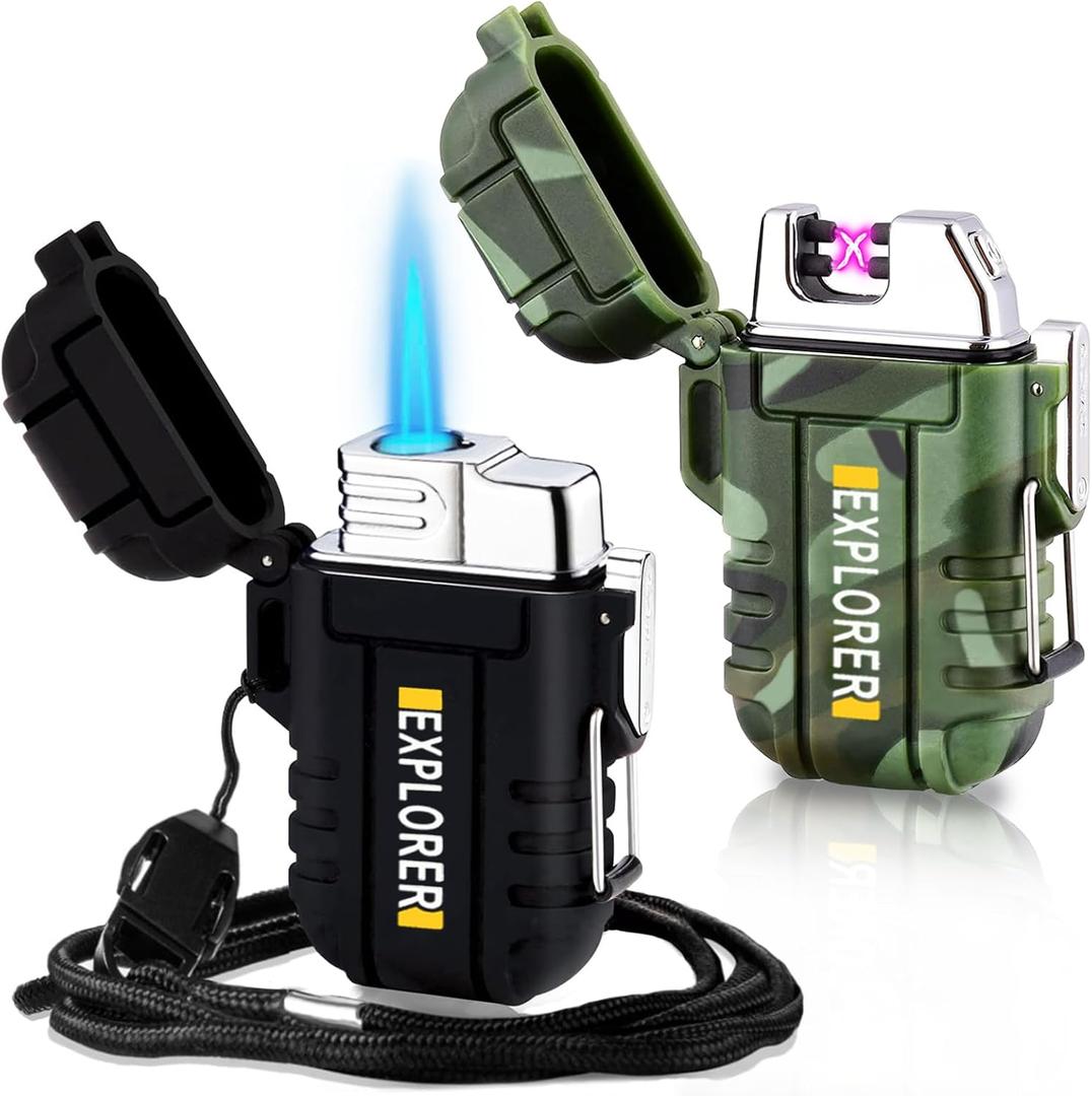 2 Pack Waterproof Lighter Outdoor Windproof Torch Lighters Dual Arc Butane Electric Lighters USB Rechargeable Lighters Flameless Plasma Lighter Camping Hiking Adventure Survival Tactical Gear (Camouflage+black)