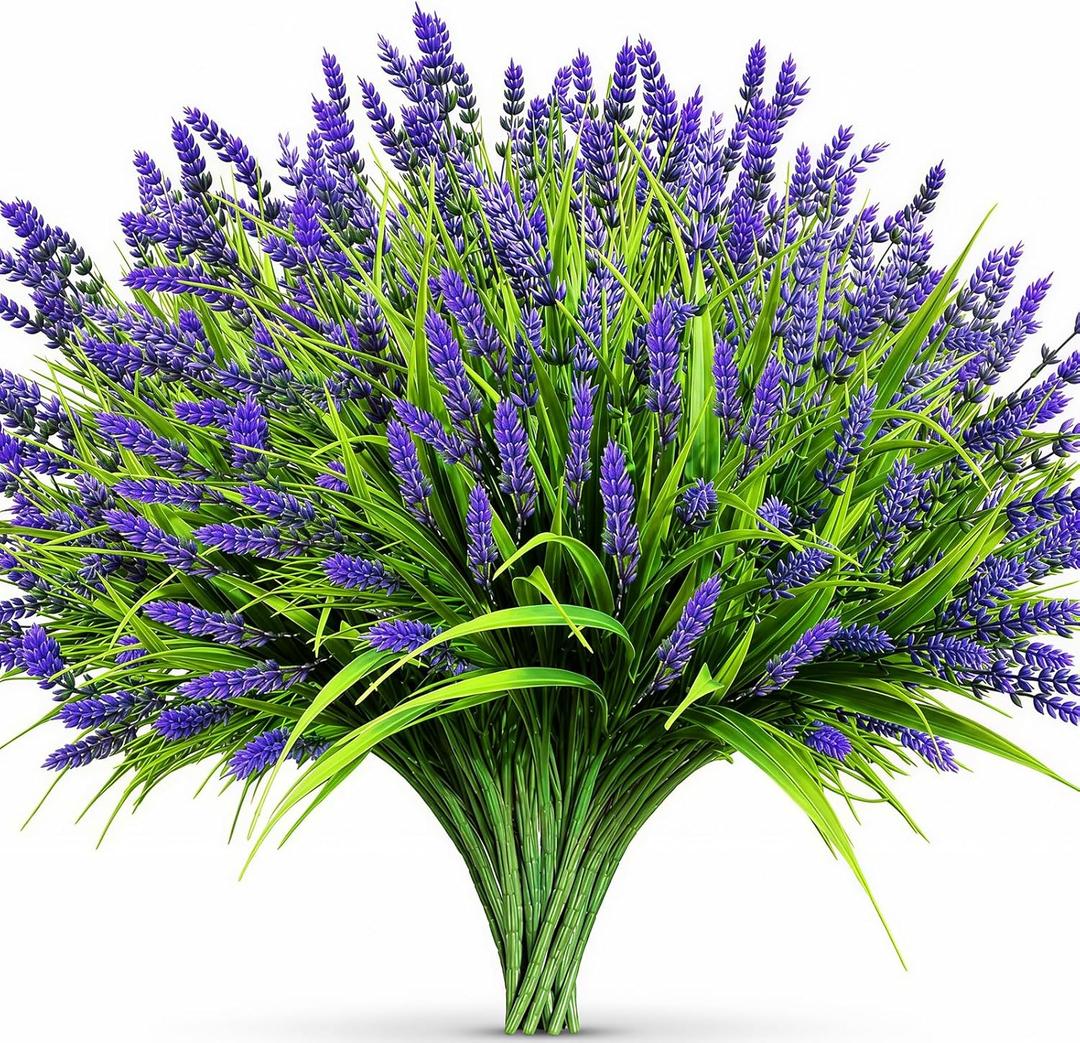 Artificial Flowers Outdoor Faux Lavender & Monkey Grass Fake Plants, UV Resistant for Garden Porch Patio Hanging Planter (12, Purple)