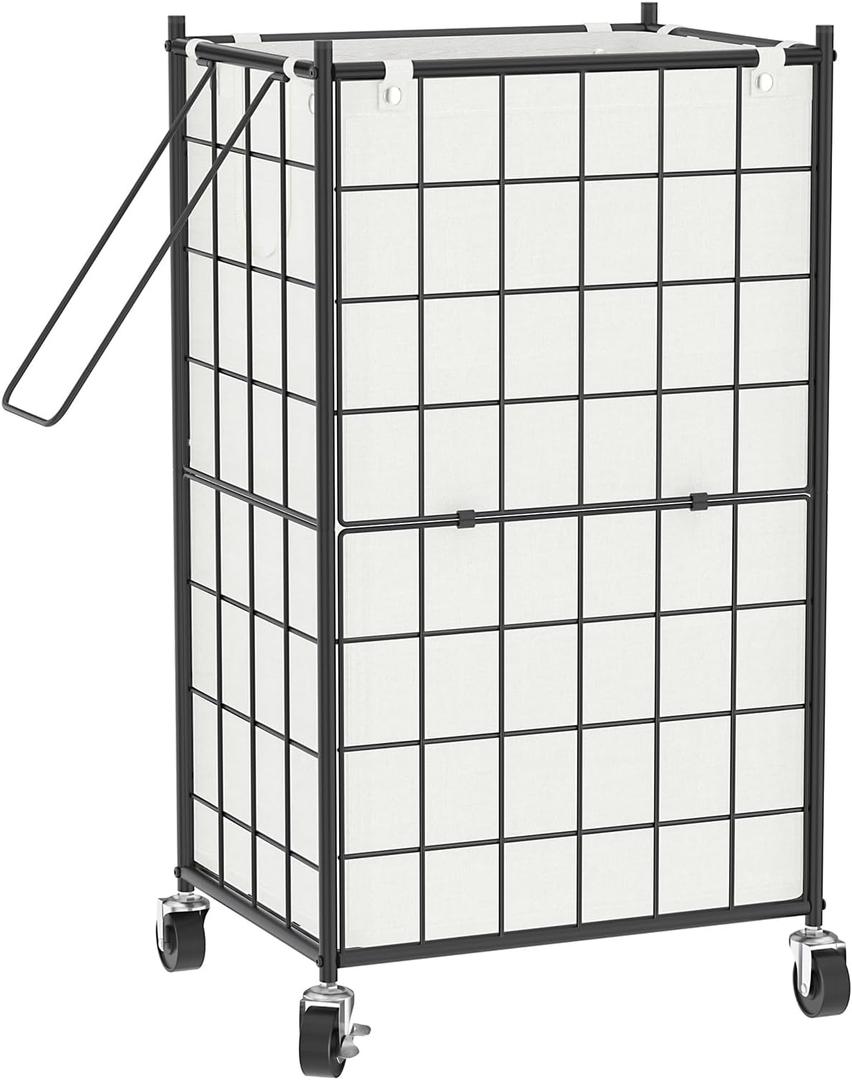 WOWLIVE Laundry Hamper with Wheels,Metal Wire Frame Rolling Laundry Basket with Removable bag,100L Dirty Clothes Hamper Organizer Dorm Room Storage for Bedroom,Bathroom,Black and White (100L (16.9x 12.2 x 28.1 Inches))