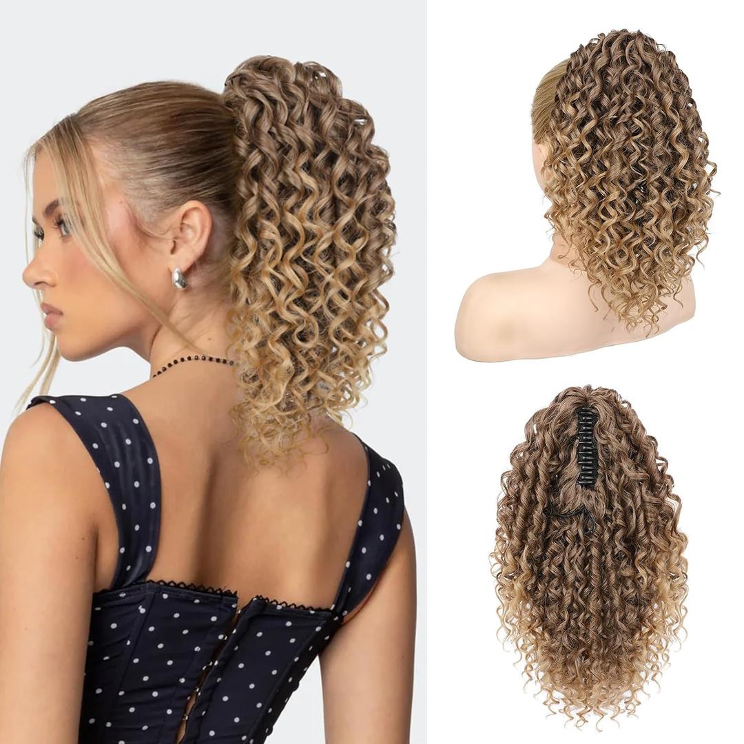 REECHO Ponytail Extension, Curly Claw Clip Ponytail Hair Extension Synthetic Clip in Pony Tails Cheer Ponytail Hair Piece for Dance Sports Daily, Dark Ash Blonde with Golden Ends