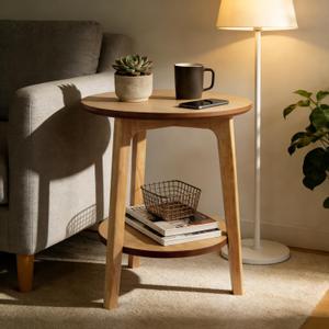 2-Tier Round Coffee Table Wood Nesting Side Table (Oak, 16x16x20)