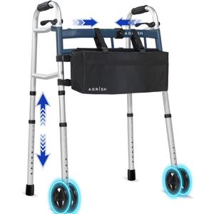 Folding Narrow Walker for Seniors  Width & Height Adjustable Walker, Lightweight Standard Walker for Elderly, Walkers for Seniors, Disabled, Bariatric (Dual-wheel Walker with Bag)