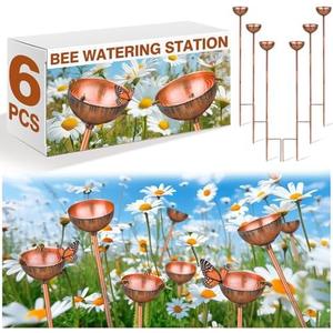 Teenyyou 6 Pcs Bee Watering Station for Garden Bee Metal Watering Cups Butterfly Water Feeder Small Insects Bath Bowl Cups Metal Stakes for Outdoor Garden Decor, Copper