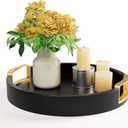 Round Decorative Tray - 12 Inch Round Black Tray with Gold Metal Handles - Stain Resistant Serving Trays for Decor - Decorative Trays for Coffee Table, Ottoman, Bar, Vanity, Kitchen, Bedroom & More