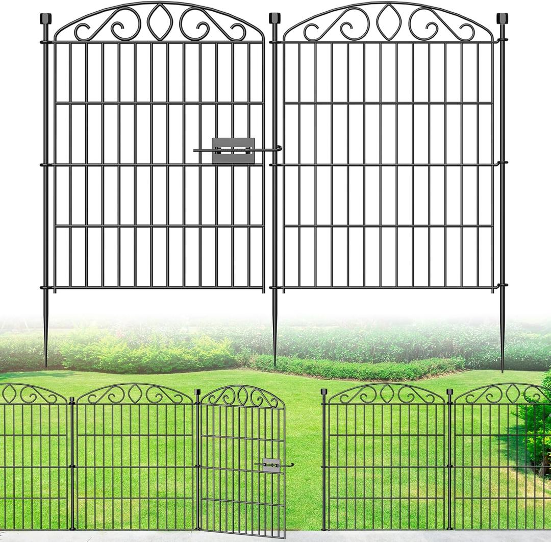 No Dig Decorative Garden Fence 6 Panel with Gate - 30in H x 11.8ft L, Tall Animal Barrier for Dogs Rabbits, Rustproof Metal Wire Panels for Yard, Patio, and Outdoor Border Use
