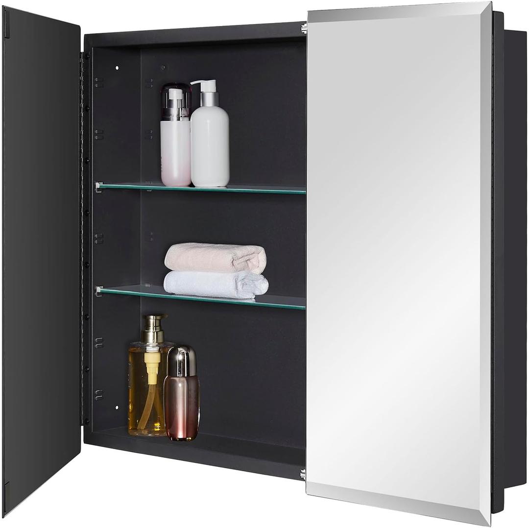 Black Bathroom Medicine Cabinet with Beveled Edge Mirrored Door 30 x 26 inch, Recessed or Surface Mount, with Adjustable Glass Shelves
