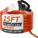 RV 30 Amp to 110 Adapter Extension Cord 15 FT, NEMA TT-30P to NEMA 5-15R Heavy Duty Outdoor RV Electrical Adapter with Grip Handle, 12AWG 15Amp 125V 1875W, Black-Orange, ETL Listed
