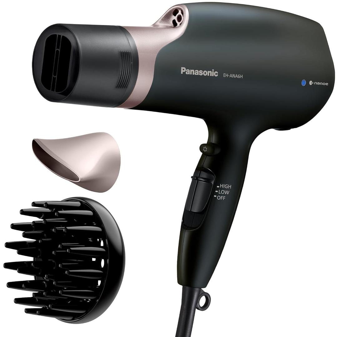 Panasonic Nanoe Salon Hair Dryer with Quick-Dry Oscillating Nozzle, Diffuser Attachment for Curly, Wavy Hair, 3-Speed Heat Setting for Easy Styling & Healthy Hair, EH-ANA6HN (Black/Pink Gold) (4 Pieces Set)