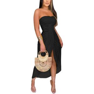 CHICME Women's Strapless Maxi Bodycon Dresses Wrap Asymmetrical Beach Maxi Long Dress Beach Sunset Dress (Black-M)