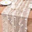 Beige Spring Summer Floral Table Runner Easter Embroidery Wildflower 10ft Gauze Seasonal Sheer Blossom Kitchen Dining Table Decoration for Home Birthday Party Baby Bridal Shower