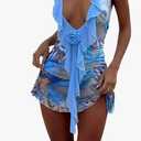 Women Sexy Halter Neck Floral Bodycon Mini Dress Backless Ruffle Layered Short Party Mesh Dress Small