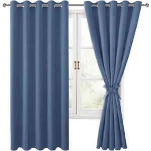 Hiasan Blackout Curtains for Bedroom, 60 x 63 Inches Length - Thermal Insulated & Light Blocking Window Curtains for Living Room/Kids Room, 2 Drape Panels Sewn with Tiebacks, Blue Haze
