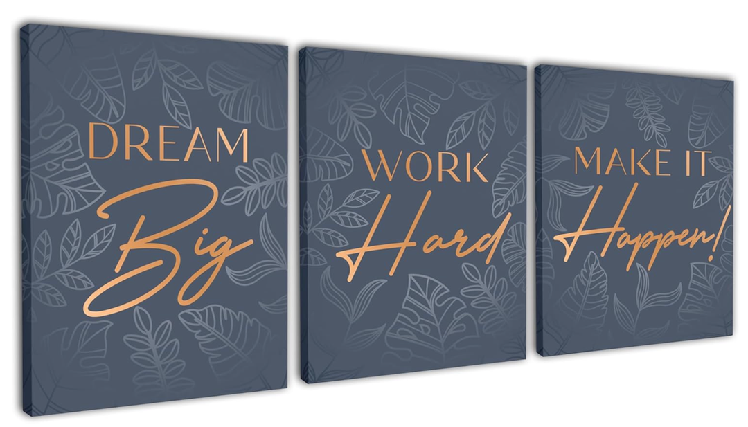 Motivational Wall Art For Office Set, Inspirational Wall Art Canvas Triptych, Positive Affirmations Wall Decor With Quotes, 3 Wrapped Canvas Panels For Bedroom, Living Room, Workspace, 12.5x15 Inch