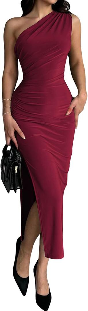 Womens' Sexy Summer One Shoulder Bodycon Long Stretchy Skin Tight Side Slit Date Night Dresses Burgundy (XS)