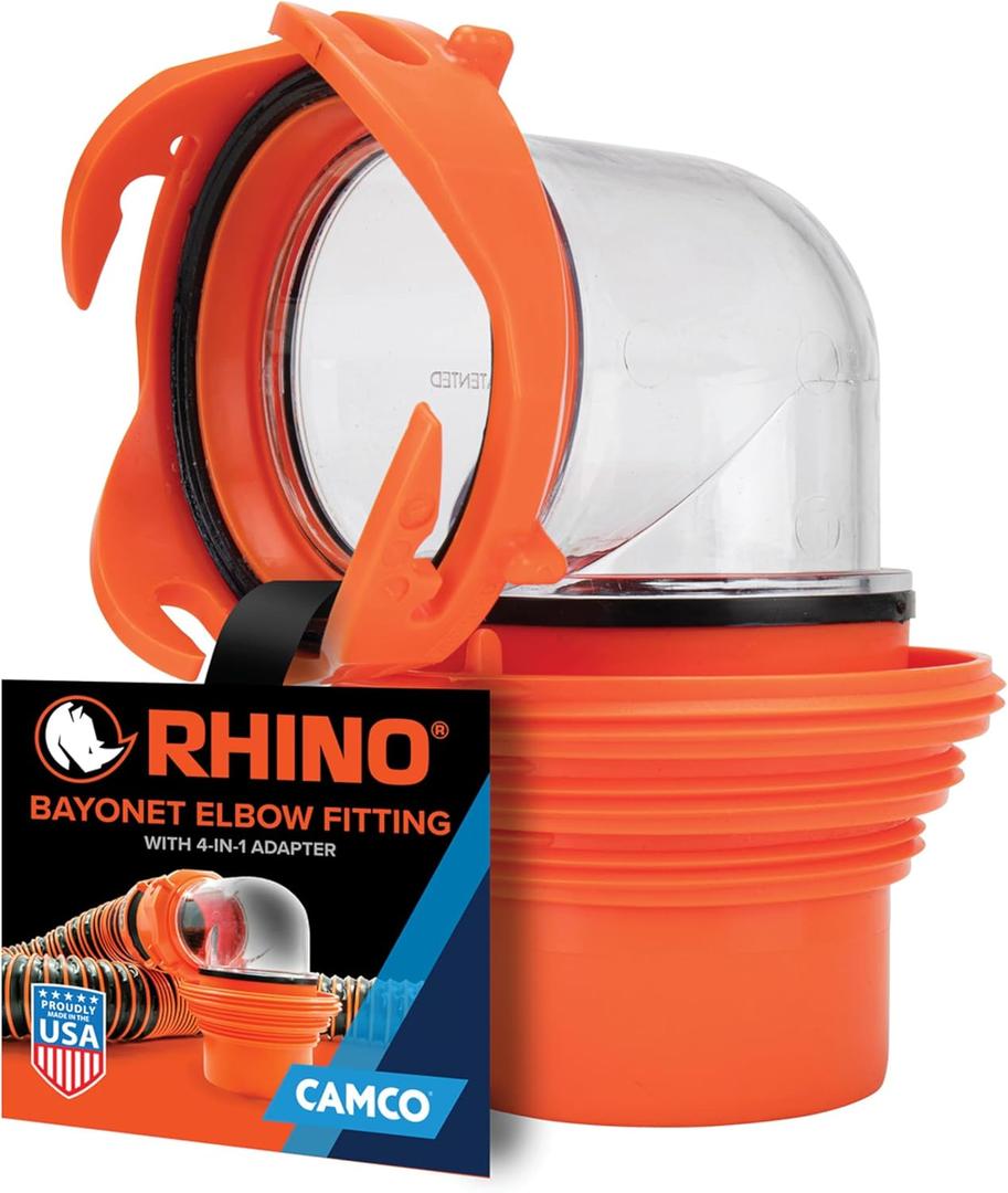 Camco RhinoFlex Clear RV Sewer Hose Elbow with 4-in-1 Adapter - Features a 360-Degree Fitting Rotation and Built-in Gasket for Odor-Tight Protection - Fits 4 Sizes of Dump Station Inlets (39736)