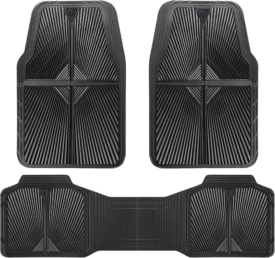 CAR PASS Rubber Floor Mats, All Weather Waterproof Trim-to-Fit Automotive Mats for Cars Trucks SUV, Anti-Slip Easy Clean, Heavy Duty Full Set 3-Piece, All Black Global Recycled Standard