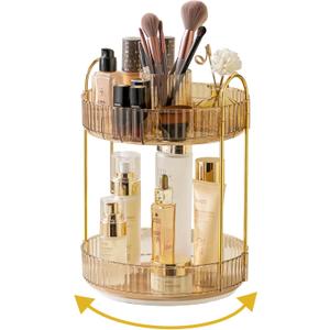 360 Rotating Makeup Organizer,2 Tier Large Capacity Make Up Organizers and Storage,Skincare Perfume Vanity Organizers,Bathroom Cosmetics Storage Organizer Countertop(Gold)