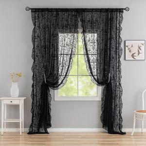 Black Curtains 96 Inches Long - Luxury Floral Ruffled Lace Black Floral Curtains Embroidered Light Filtering Goth Victorian Curtains Decor Rod Pocket Window Treatment 2 Panles, 59 x 96 Inch