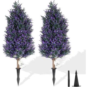 3FT Artificial Lavender Topiary Trees with Spike, 2 Pack UV Resistant Artificial Outdoor Shrubs Fake Bushes, Fake Plants for Indoor Outdoor Front Porch Garden Decor