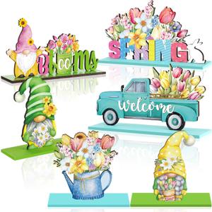 6 Pcs Spring Table Decorations Wood Tabletop Sign Spring Table Centerpieces Rustic Freestanding Tabletop for Home Restaurant Farmhouse Home Kitchen Shelves Party Decor(Gnome)