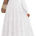 PRETTYGARDEN Women's Long Sleeve Maxi Dresses 2025 Fall Casual Smocked Trim Neck Swiss Dot Tiered Flowy Wedding Guest Dress (White, S)