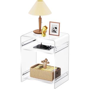 Acrylic End Table Record Player Table with Storage Shelf Clear Side Table Nightstand (15.7x19.7x11.8) (Clear)
