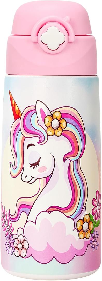 Girls Insulated Water Bottle with Covered Pop-Up Straw,16 oz Kids Cups with Stainless Steel Leak Proof for School PinkUnicorn