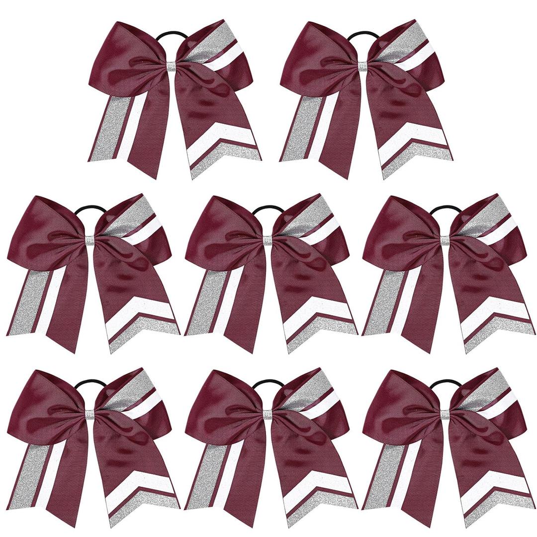 8PCS Cheer Bows Bulk Glitter Cheerleading Bows Girls Hair Bows Maroon Silver Cheer Bows Elastic Band Ponytail Holder for Cheerleaders Teen Girls College Sports Competition