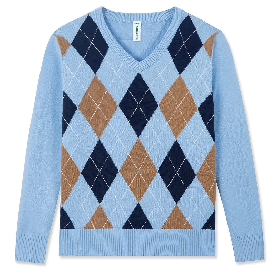 BOBOYOYO Boys Argyle Sweater 100% Cotton Cable Knit Boys Uniform Sweater V-Neck Christmas Kids Pullover for Children 9-10 Years