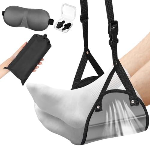 Yerliker Airplane Foot Hammock(Memory Foam) with Earplugs and Eye Mask Travel Necessities Adjustable Airplane Desk Foot Rest for Long Trip Pain and Swelling Relief(Gray)