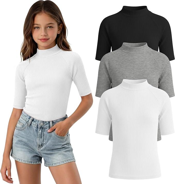 3 Pack Girls' Shirts Teen Summer Tops Mock Turtleneck Slim Fit Ribbed Half Sleeve Fashion Tees Kids Clothes Trendy 9-10Y