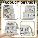 Christian Table Centerpiece Decor, 4 pcs Rustic Wooden Stacked Blocks with Faith Hope Love Signs, Wood Bead & Jute Tassel, Tiered Tray Decor for Home Office Mantle Living Room, Gifts for Christians