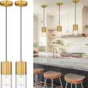 2-Pack Pendant Lights Kitchen Island, Brushed Gold Shade Hanging Lights Fixtures with Cylinder Clear Glass, Brass Kitchen Pendant Lighting Over Island for Dining Room, AD-24023-1P2-GD
