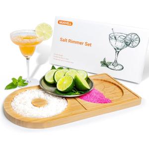 Mugvell Margarita Salt Rimmer Set, Sugar and Salt Rimmer for Cocktails, Bartender Tool with Wood Bamboo Glass Rimmer for up to 5.1" Rims, Essential Margarita Set for Party Bar Celebration (12.6" x 6.3" x 0.6")