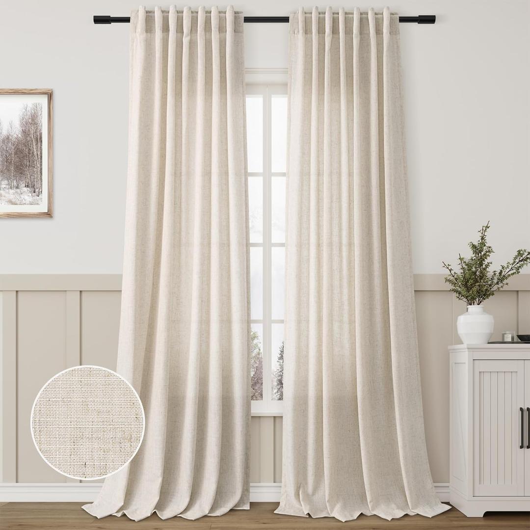 Beige Linen Blend Curtains 96 Inch Length 2 Panel Set for Living Room Dining Sunlight Filtering Sheer Privacy Faux Linen Drapes Vintage Farmhouse Back Tab Pleated Oatmeal Tan Long Curtain 96 Inches