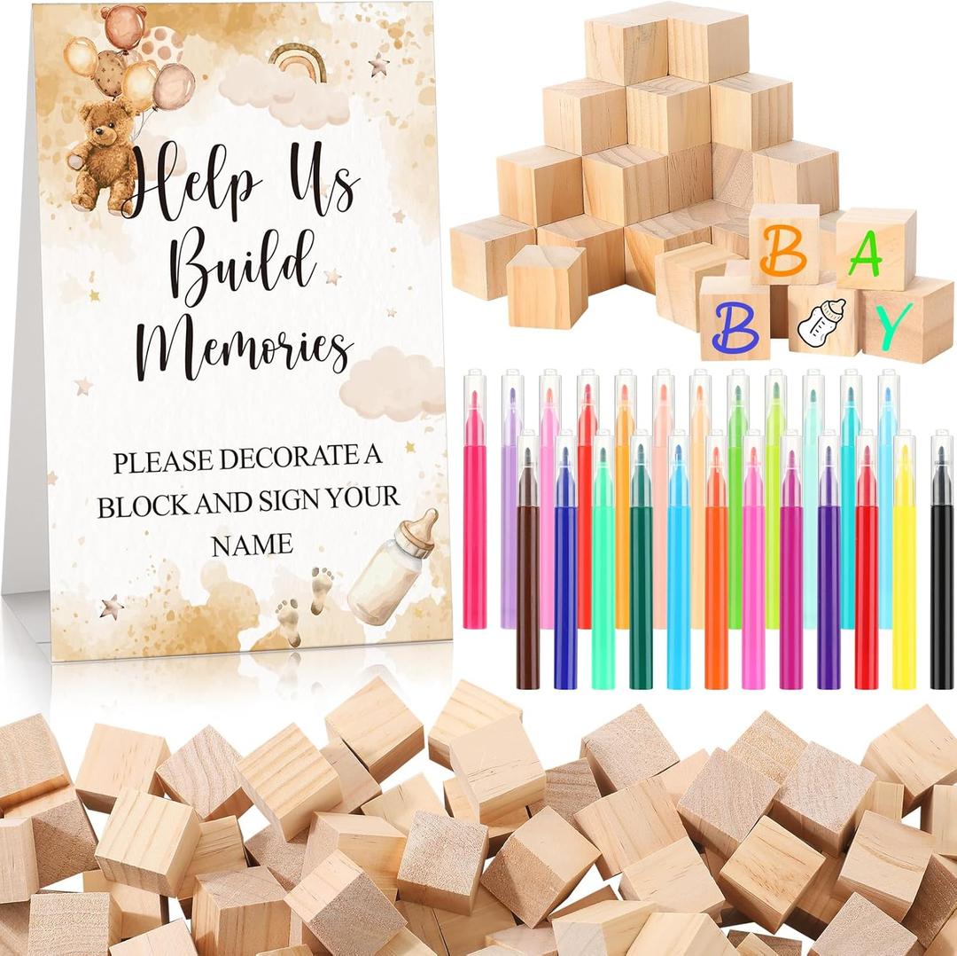 125 Pcs Baby Shower Decorate a Block Game Set Includes Help Us Build Memories Sign 100 DIY Blank Wooden Block 24 Paint Marker Prize for Wedding Baby Shower Game(Brown Bear)