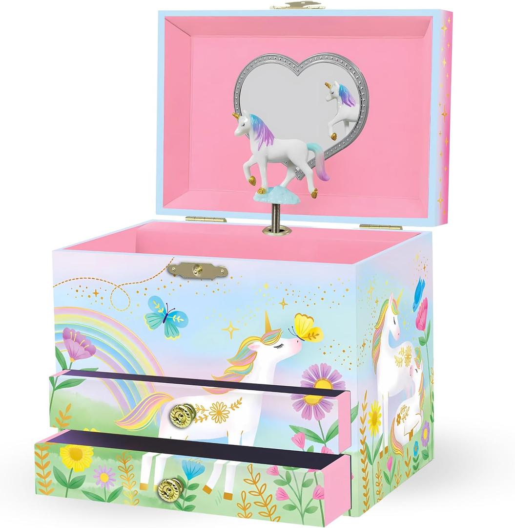 Giggle & Honey Musical Jewelry Box for Girls,Unicorn Toys for Girls 4-6, Easter Gifts for Kids, 6.8 x 5.3 x 6 in