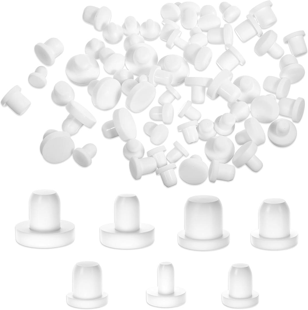 70 Pcs Silicone Rubber Hole Plug, 7 Sizes Round Rubber Button Hole End Covers, Silicone Plugs, White High Temp T-Type Holes Plugs, Soft Flexible Stopper, Waterproof & Sealing