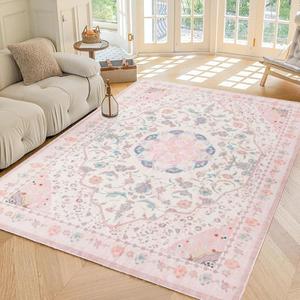Area Rug - Vintage 5x7 Non-Slip Backing Area Rugs Light Pink Soft Faux Wool Carpet Foldable & Machine Washable Rugs for Living Room Bedroom Dining Room Nursery Home Office