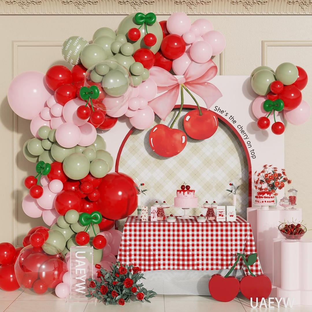 162Pcs Cherry Balloon Arch Garland Kit Red Pink Sage Green Balloons for Girls Cherry Birthday Cherry on Top Berry First Summer Fruit Party Baby Shower Cherries Party Decorations