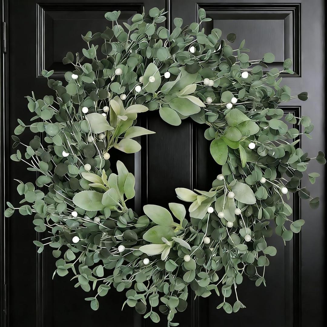 24-inch Spring Wreath Artificial Green Eucalyptus Leaves Wreath with White Berries for Front Door Corridor Garden Decoration Festival Party Wedding Office Green Decor