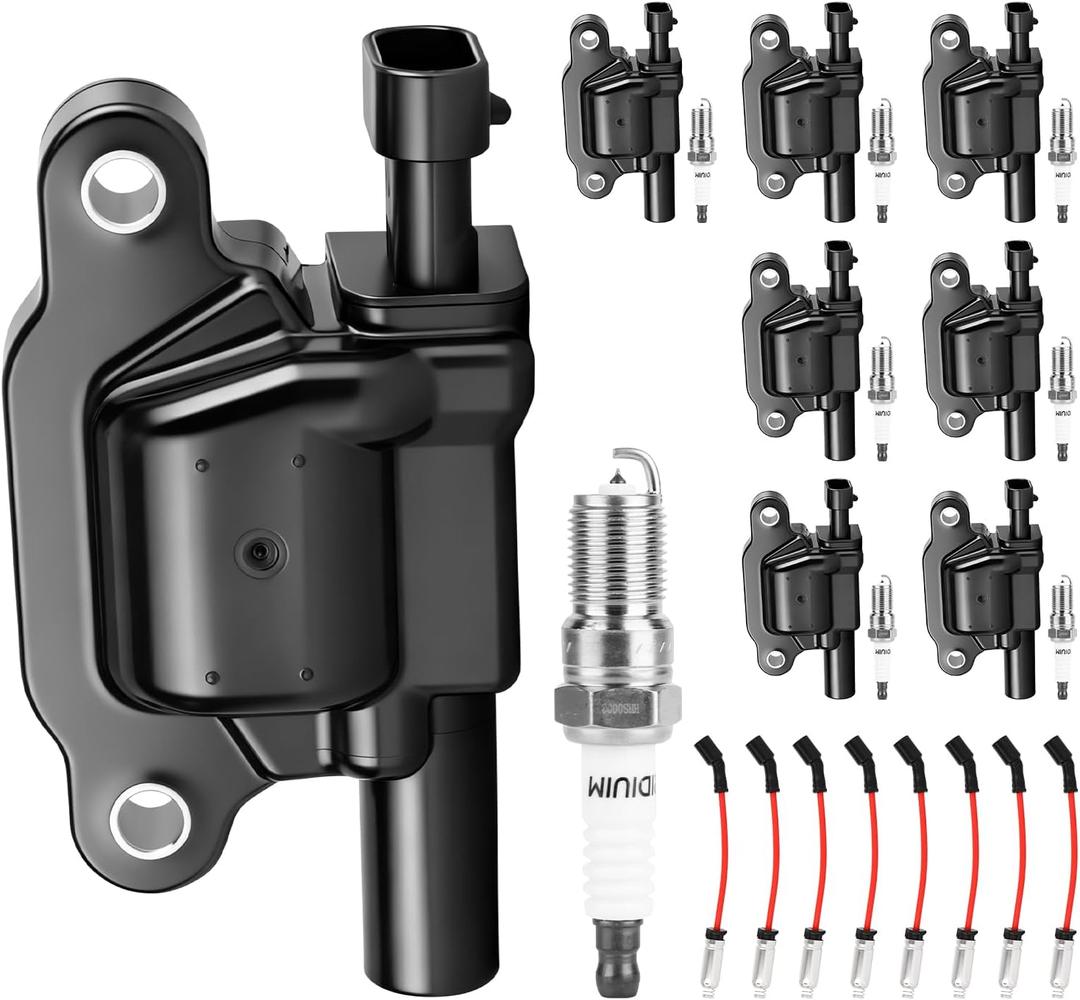 Autoexact Ignition Coil Packs & Iridium Spark Plugs & Wires Kit Fit for Chevy Silverado Tahoe Suburban 1500 Avalanche Express GMC Sierra Yukon Cadillac Escalade Pontiac Hummer 6.0L 5.3L, #UF413 8 Sets