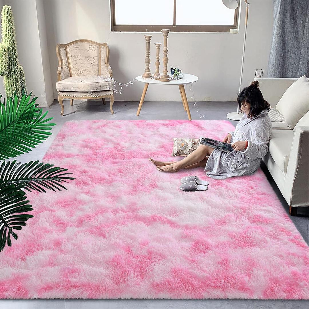 DweIke Fluffy Pink White Rugs for Bedroom Living Room, 3x5 Feet Soft Plush Shaggy Tie-Dyed Pink Girls Boys Kids Rug, Non-Slip and Machine Washable Carpet for Dorm Nursery Classroom Decor