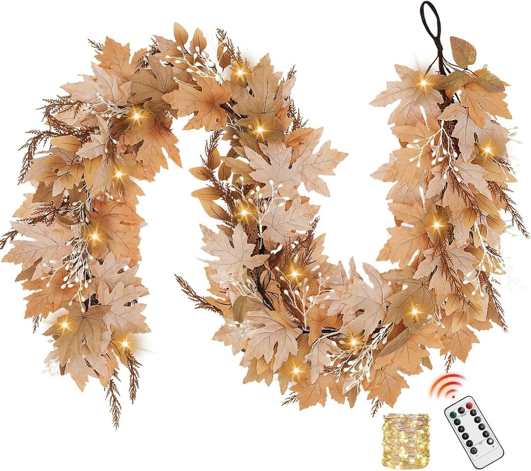 Neutral Fall Garland with Lights - 6 Ft Lighted Fall Felt Leaves for Mantle Outdoor Decor Light Up Autumn Leaf for Home Fireplace Decorations