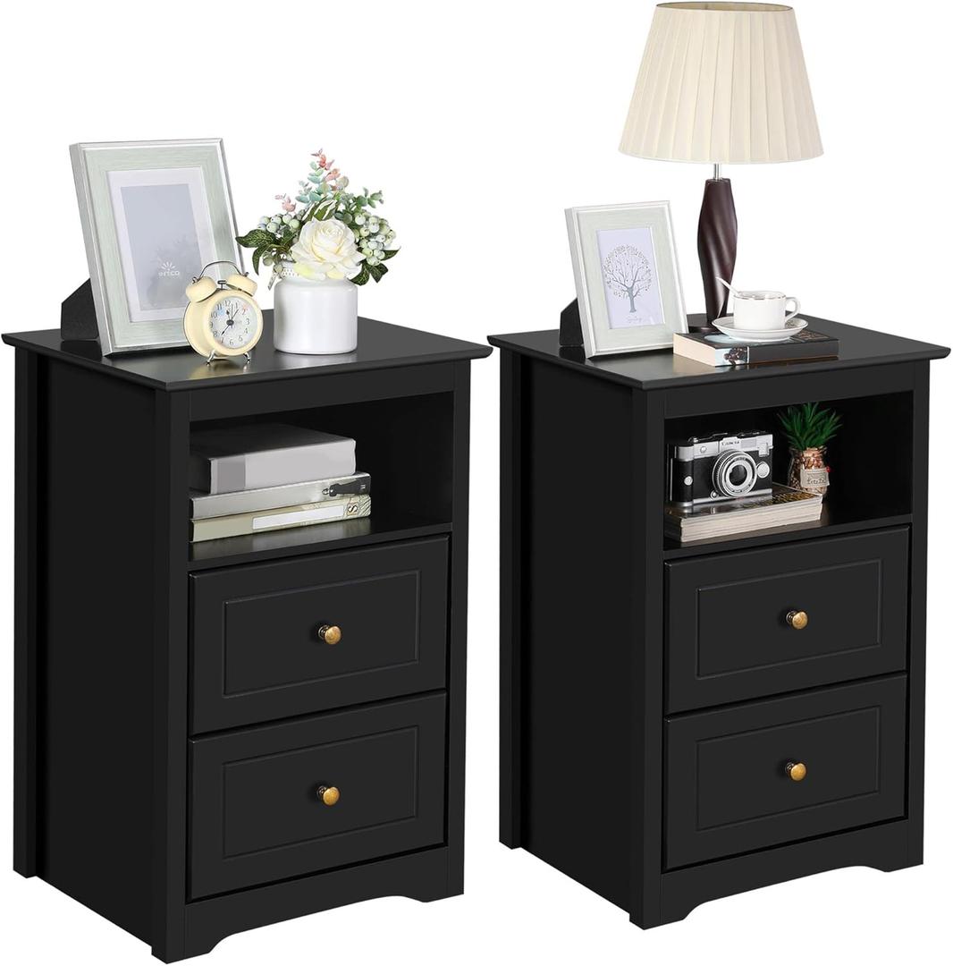 Yaheetech Nightstand Set of 2, Wooden Bedside Tables with 2 Drawer and Cubby, 2Pcs Tall Nightstand for Bedroom Small Space, Bedside Cabinet Telephone Table, 19 L  16 W  29 H, Black