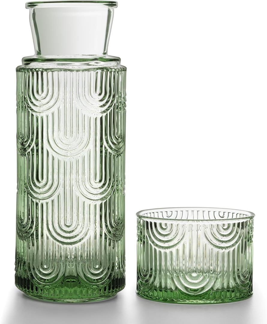 Bedside Water Carafe and Glass Set, Mouthwash Dispenser for Bathroom, 21.6 Oz Glass Water Bottles with 6 Oz Drinking Cup as Lid, Water Pitcher for Nightstand, Kitchen (Green)