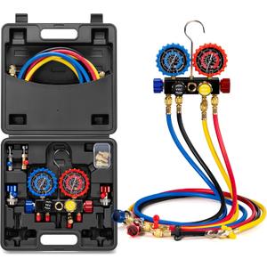 VIVOHOME HVAC Manifold Gauge Set for R134a R410a R22 R32 Refrigerant, 4 Valve Automotive AC Gauges with 5ft Hoses for Car Freon Charging and Evacuation