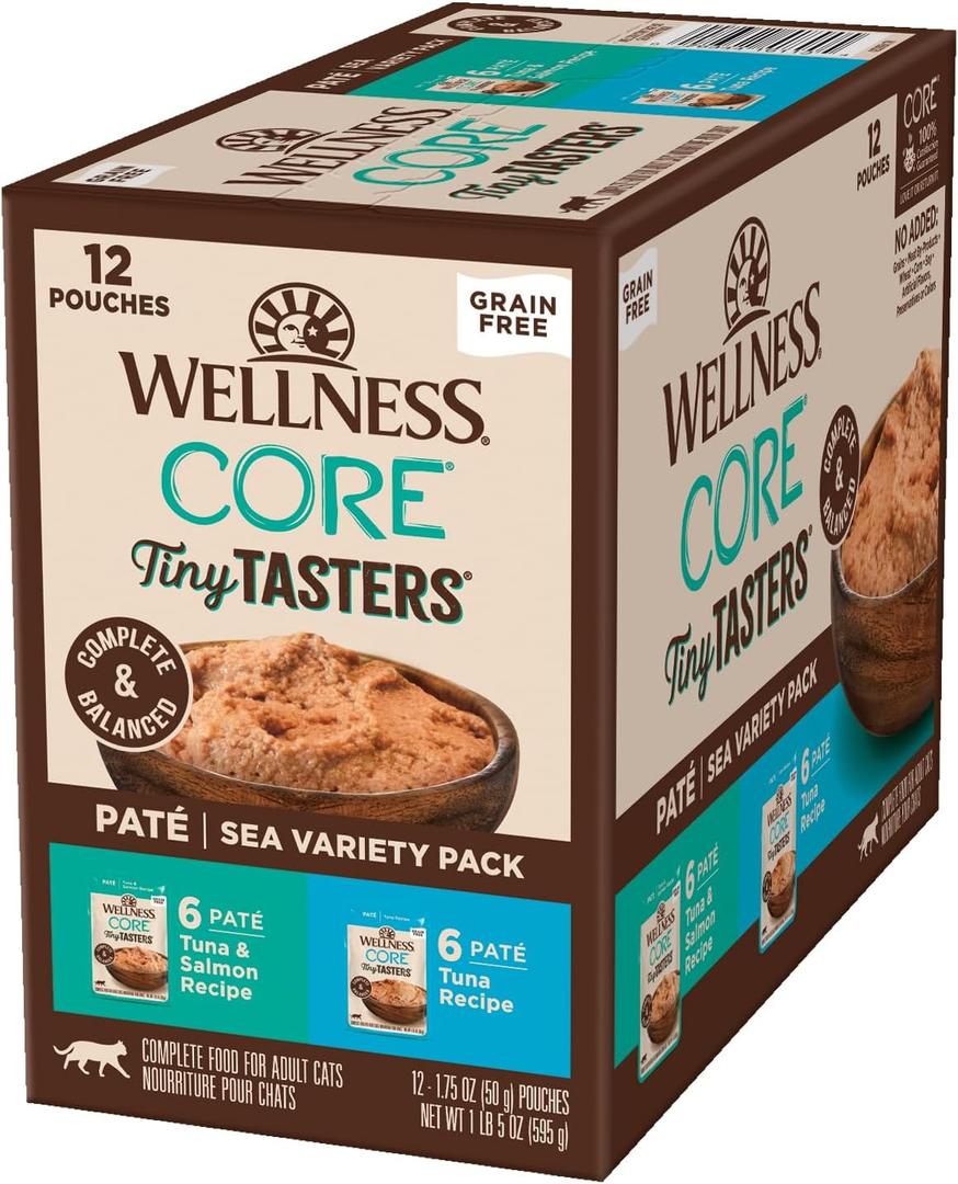 Wellness CORE Tiny Tasters Pate Adult Wet Cat Food, Natural, Protein-Rich, Grain Free, 1.75-Ounce Pouch, 12 Pack, (Seafood Variety Pack) (EXP 05/21/24)
